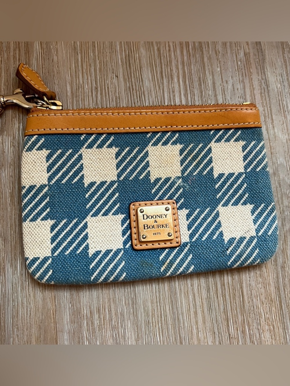 Dooney & Bourke Blue and Cream Plaid Canvas Wristlet with Tan Trim